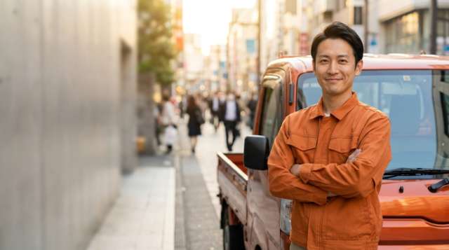 ララムーブ配達員として街中で軽貨物車の前に立つドライバー