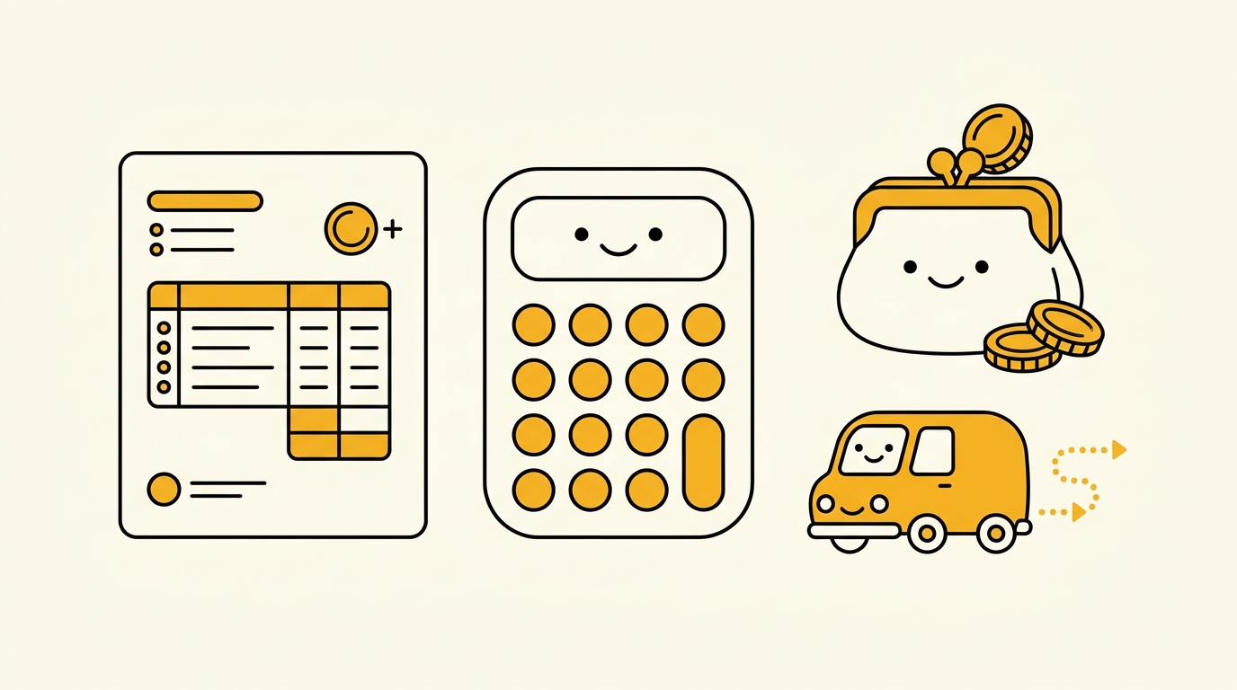 ララムーブの報酬の仕組みを表すイラスト(伝票と電卓、配送車アイコン)