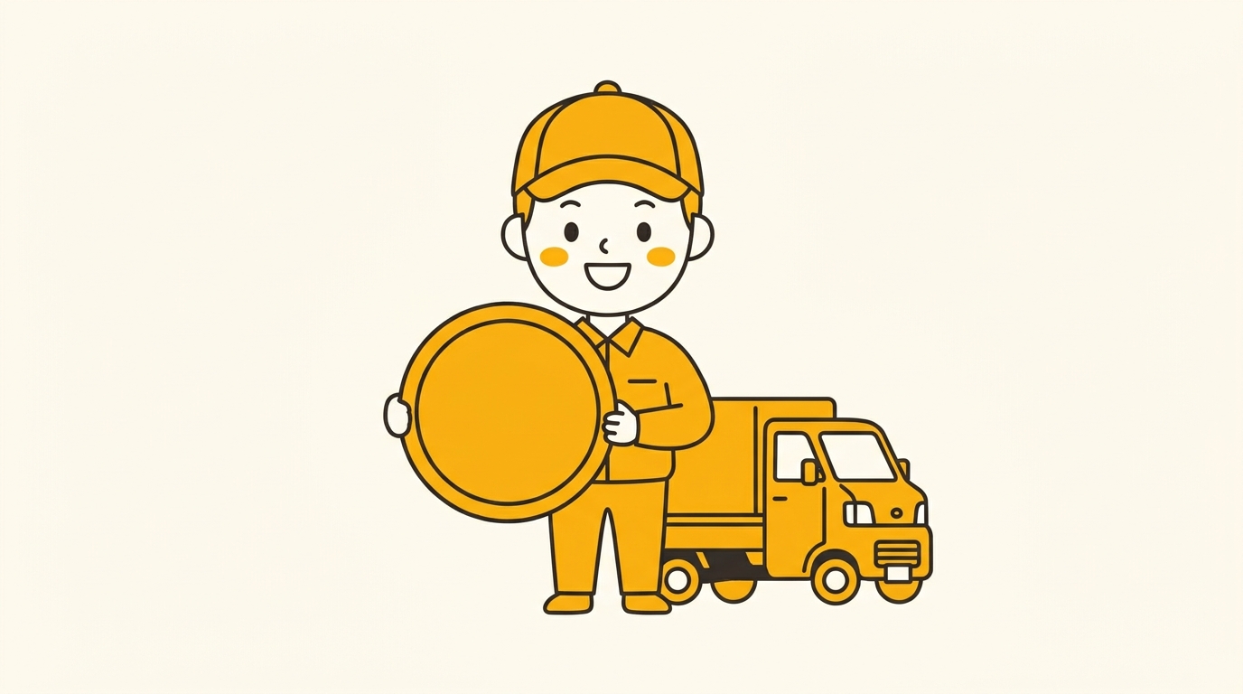 ララムーブの軽貨物配達員が黒ナンバーの車両の横で稼働するイラスト