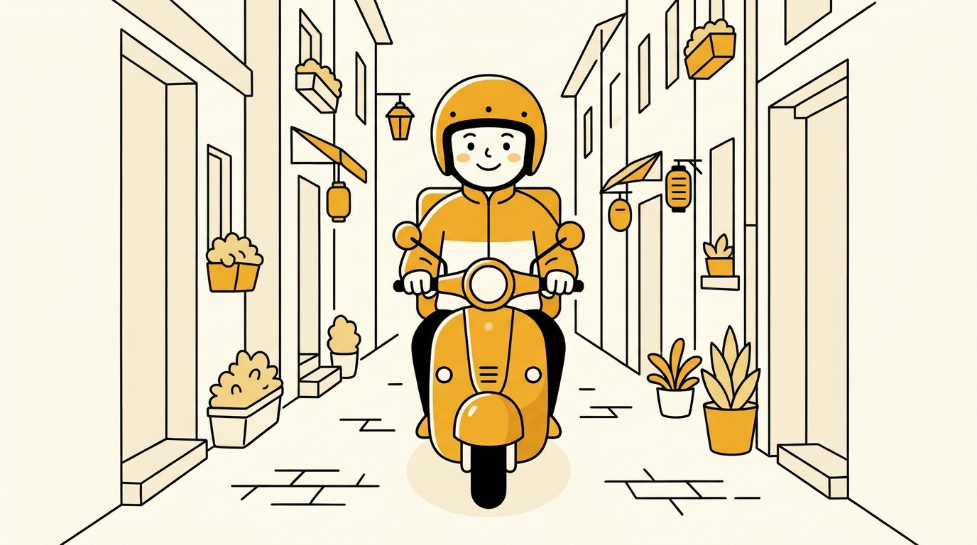 ララムーブのバイク・原付配達員が都心の狭い路地を走るイラスト