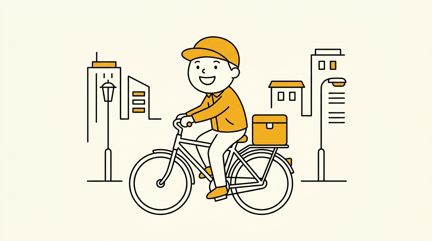 ララムーブの自転車配達員が荷物を積んで走るイラスト