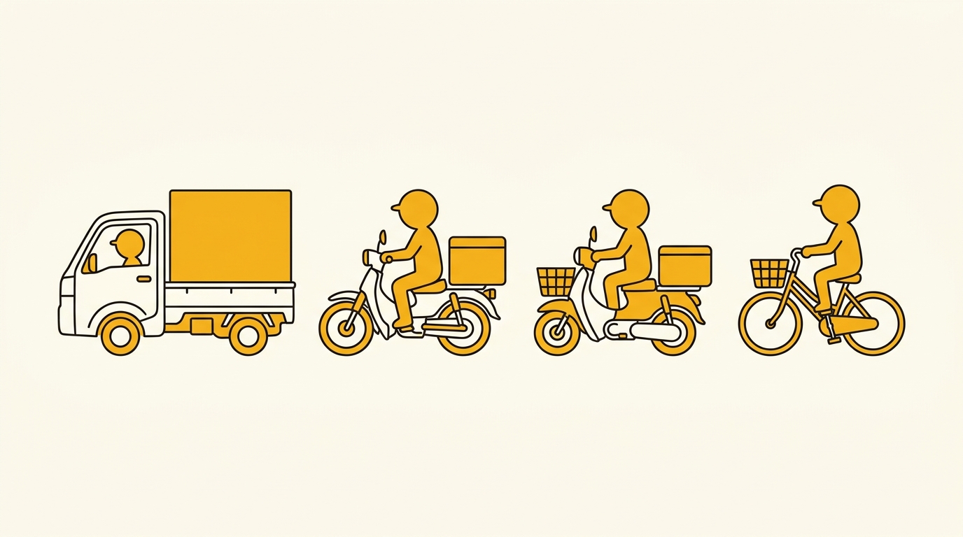 ララムーブの軽貨物・バイク・原付・自転車4車種を比較するイラスト