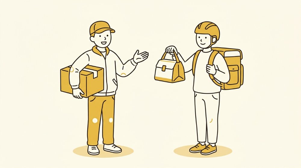 ララムーブの軽貨物ドライバーとUber Eatsの配達員が並んで立つイラスト