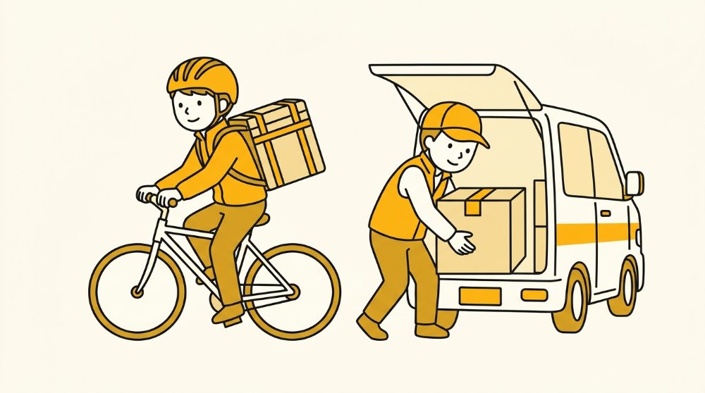 フードバッグを持つUber Eats配達員と荷物を積むララムーブドライバーの対比イラスト