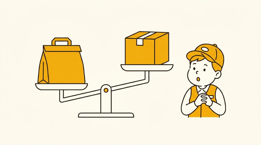 Uber Eatsとララムーブの報酬を天秤にかけて比較するイラスト