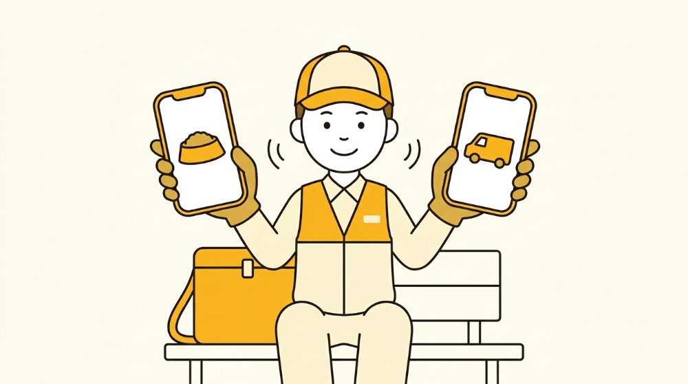 2台のスマホでUber Eatsとララムーブ両方のアプリを開いて待機する配達員のイラスト