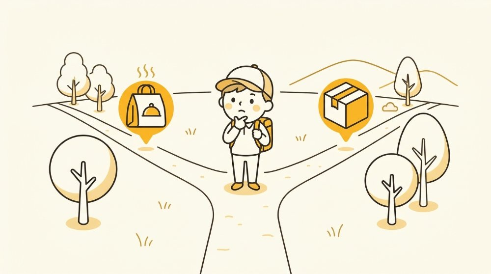 分かれ道でどちらに進むか考える配達員のイラスト